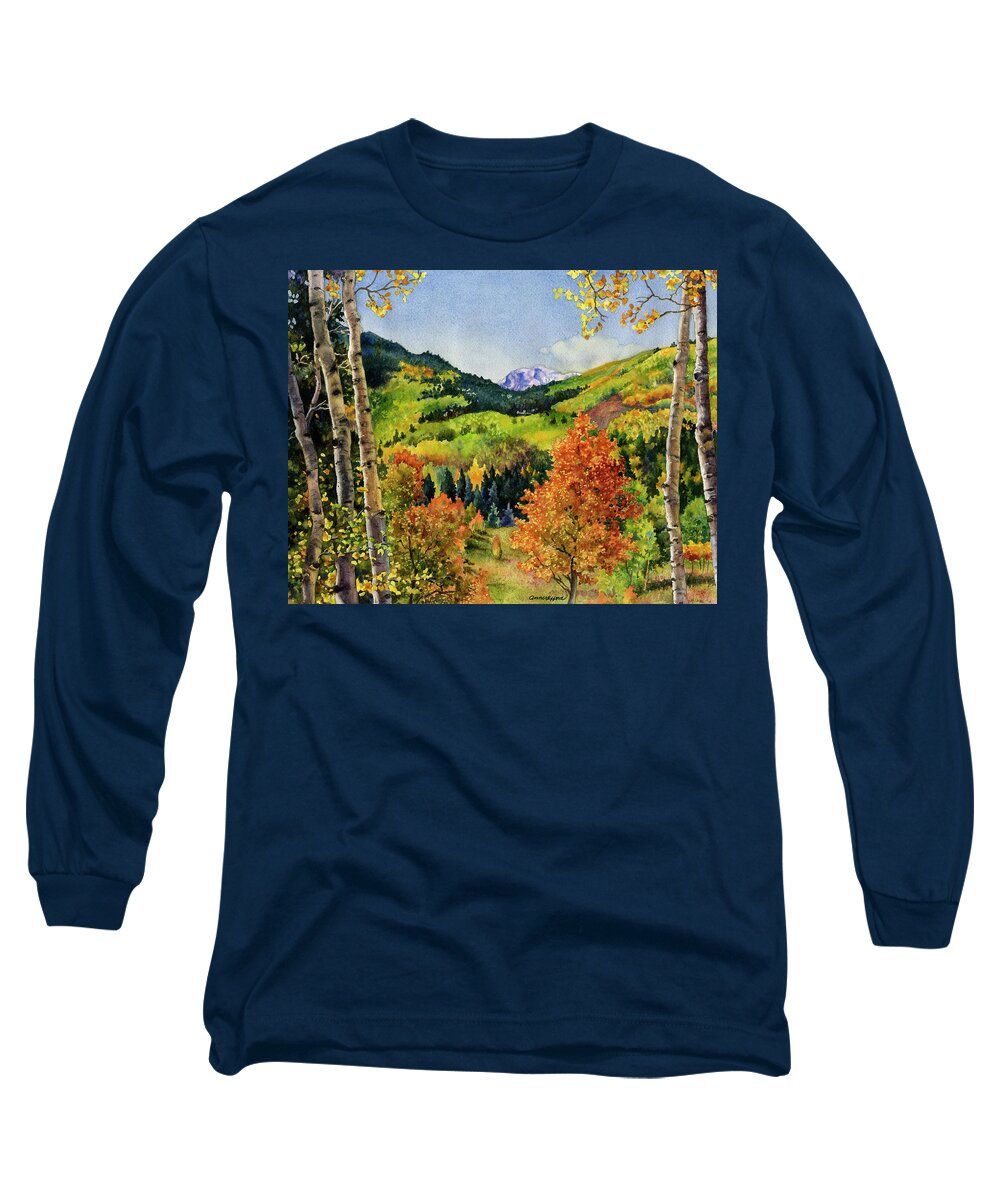 Fall Leaves Painting Long Sleeve T-Shirt featuring the painting Rocky Mountain Paradise by Anne Gifford
