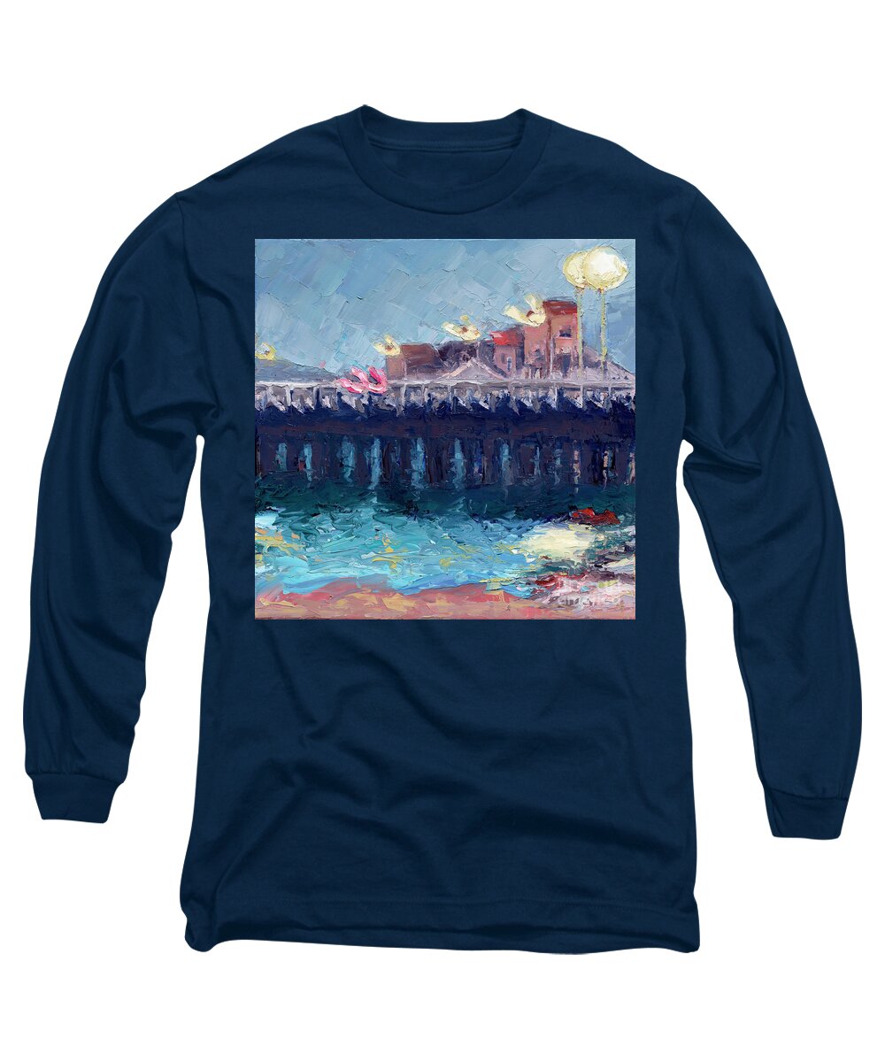 Santa Cruz Long Sleeve T-Shirt featuring the painting Santa Cruz Wharf Dusk by PJ Kirk