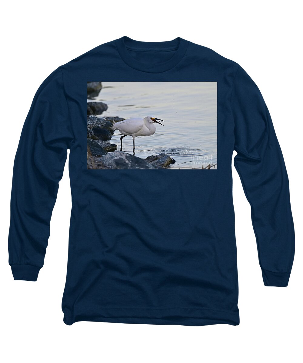 Snowy Egret Long Sleeve T-Shirt featuring the photograph Snowy Egret - With Double Catch by Amazing Action Photo Video