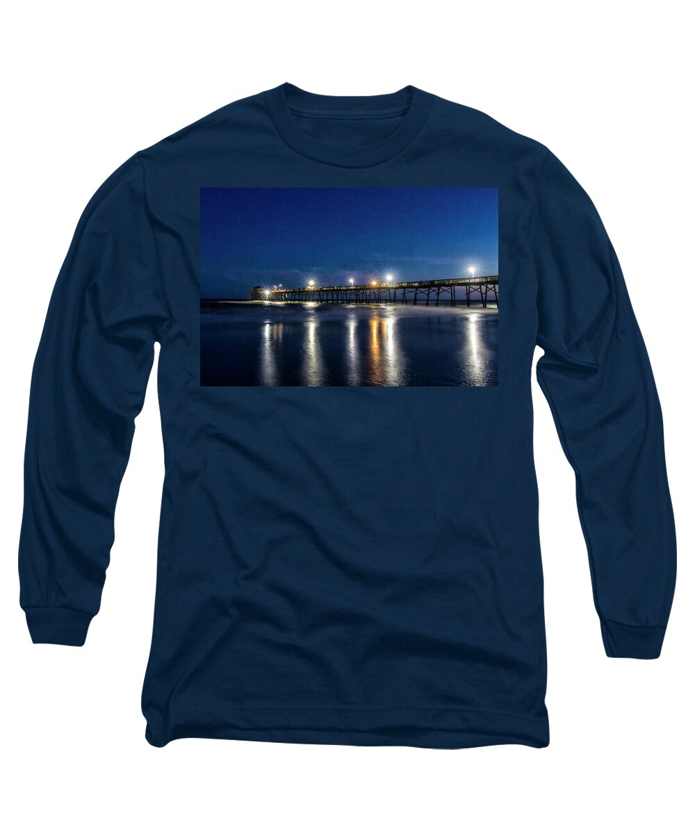 Fishing Pier At Night Long Sleeve T-Shirt featuring the photograph The Oceanana Fishing Pier at Night by Bob Decker