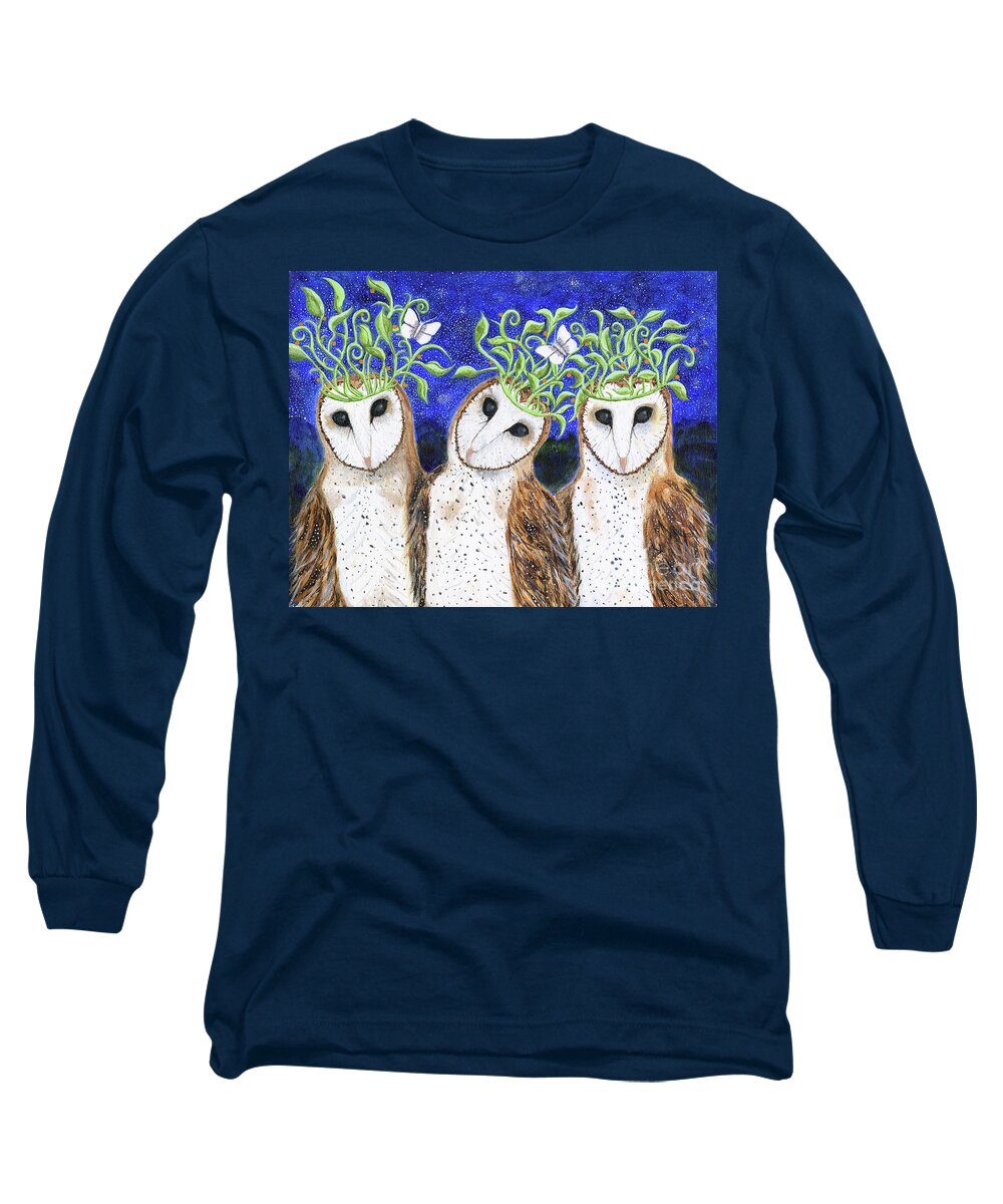 Owls Long Sleeve T-Shirt featuring the painting The Three Kings, an owl painting by Lise Winne
