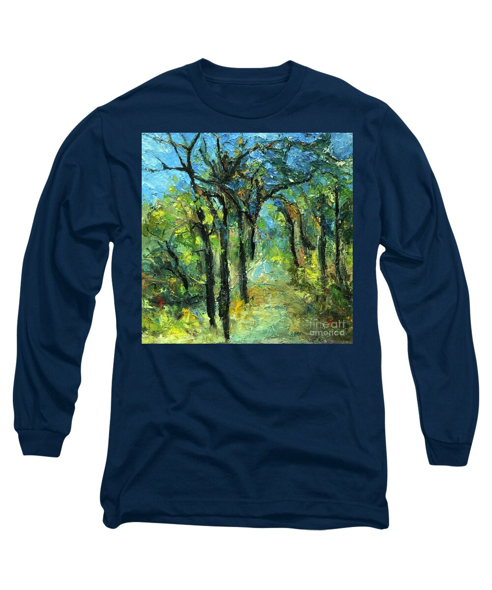 Forest Long Sleeve T-Shirt featuring the painting Trail by Jieming Wang