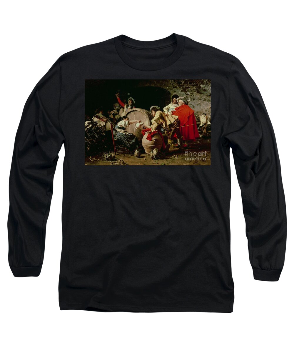 Cavalier; Wine; Keg; Barrel; Drink; Toast; Cheers; Men; Woman; Pouring; Drinking; Drunk; Celebrating; Musketeer; Cape; Soldiers Long Sleeve T-Shirt featuring the painting A Good Vintage by Francesco Vinea