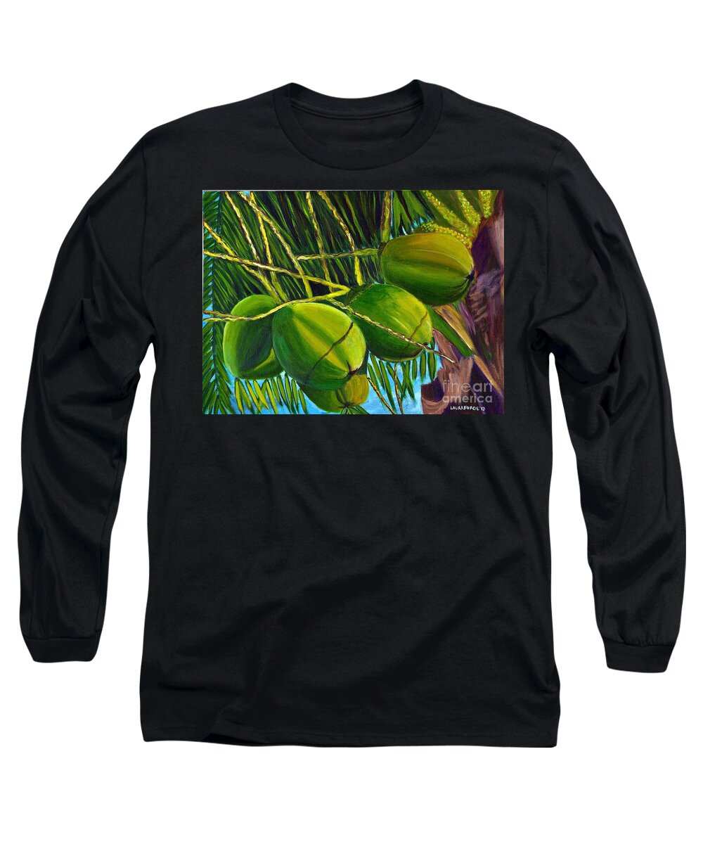 Coconuts Long Sleeve T-Shirt featuring the painting Coconuts at sunset by Laura Forde