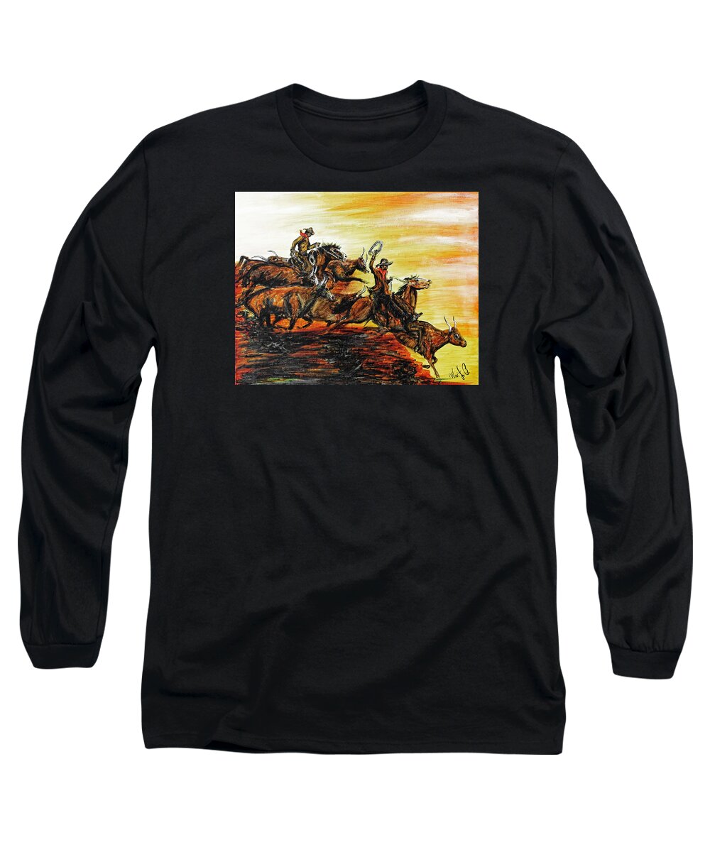 Texas Long Sleeve T-Shirt featuring the drawing Hol-ly Cow by Erich Grant