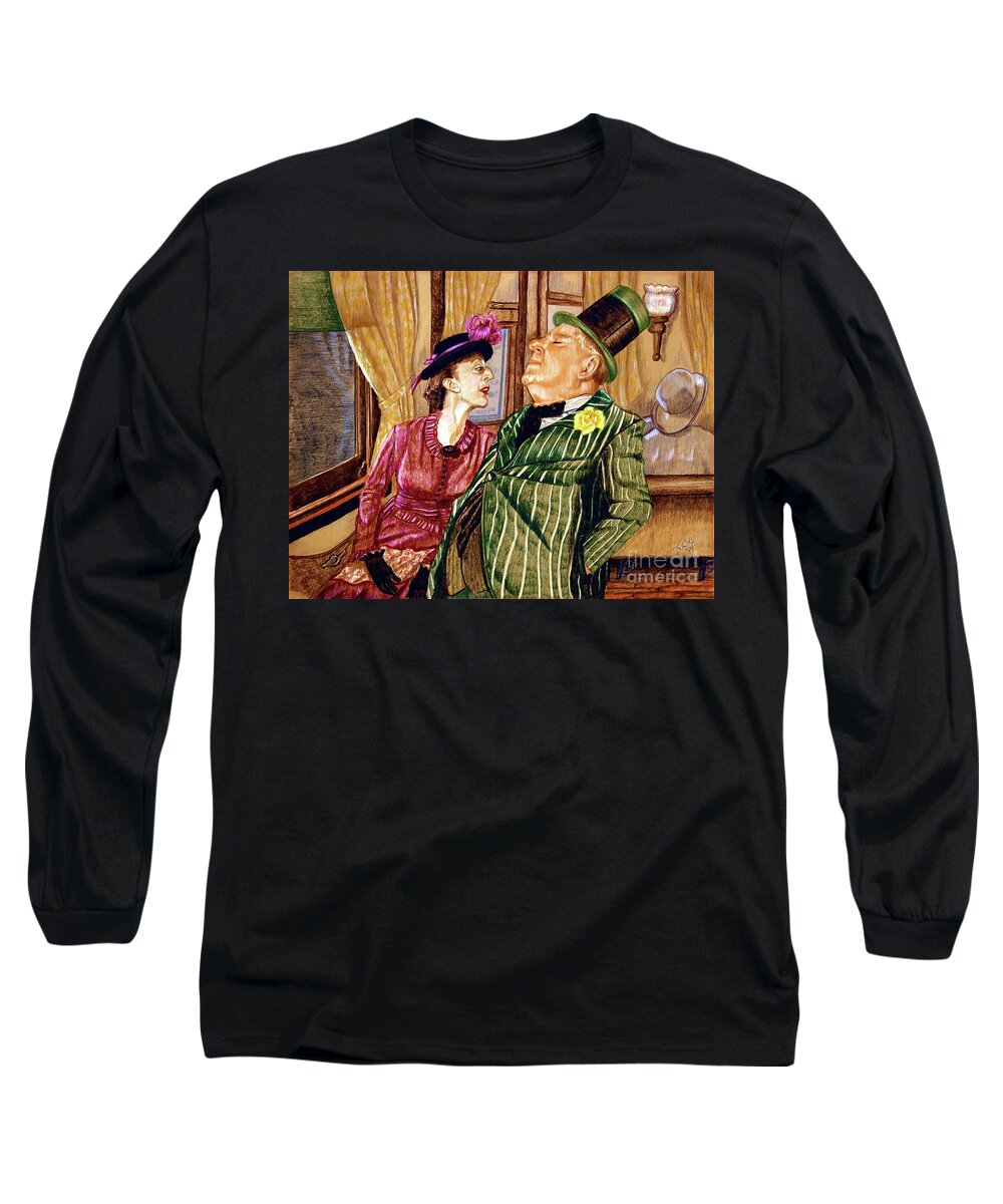 Train Long Sleeve T-Shirt featuring the drawing Margaret and W.C. Fields by Linda Simon