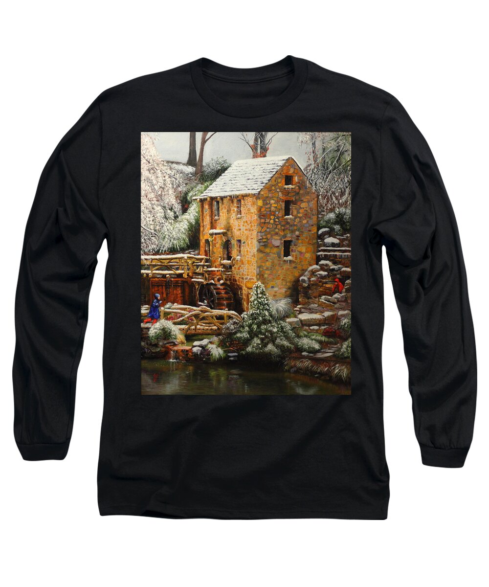 Old Mill Long Sleeve T-Shirt featuring the painting Old Mill in Winter by Glenn Beasley