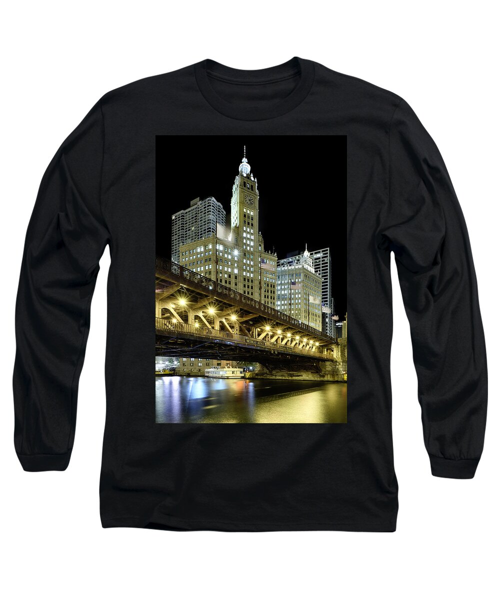 Wrigley Long Sleeve T-Shirt featuring the photograph Wrigley Building At Night #2 by Sebastian Musial