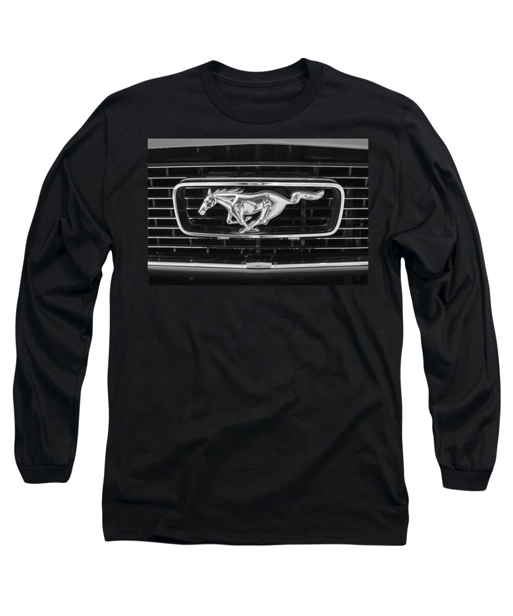 1966 Ford Mustang Grille Emblem Long Sleeve T-Shirt featuring the photograph 1966 Ford Mustang Grille Emblem -0246bw by Jill Reger