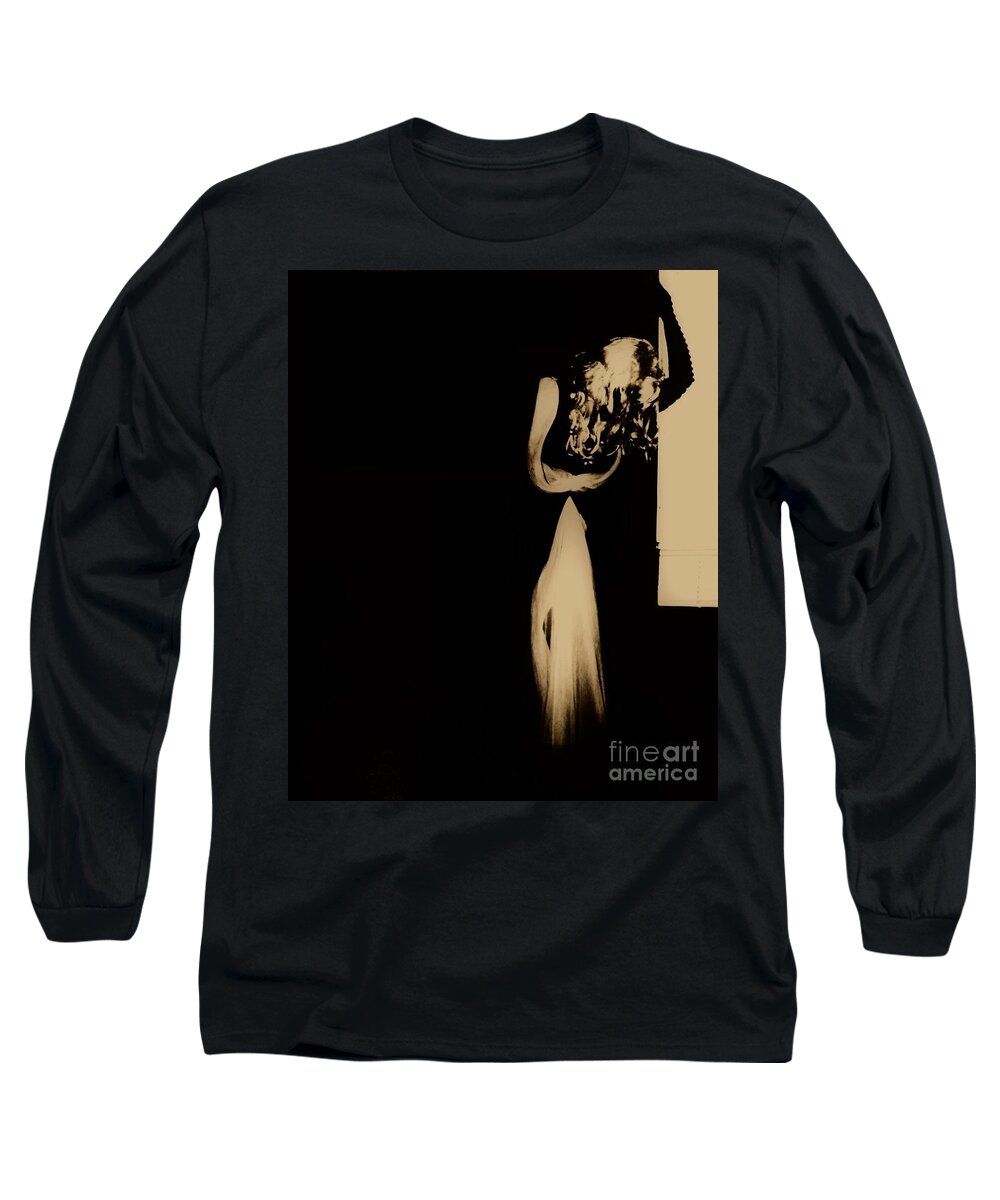 Sepia Emotive Dark People Women Black Sad Long Sleeve T-Shirt featuring the photograph Alone #2 by Jessica S
