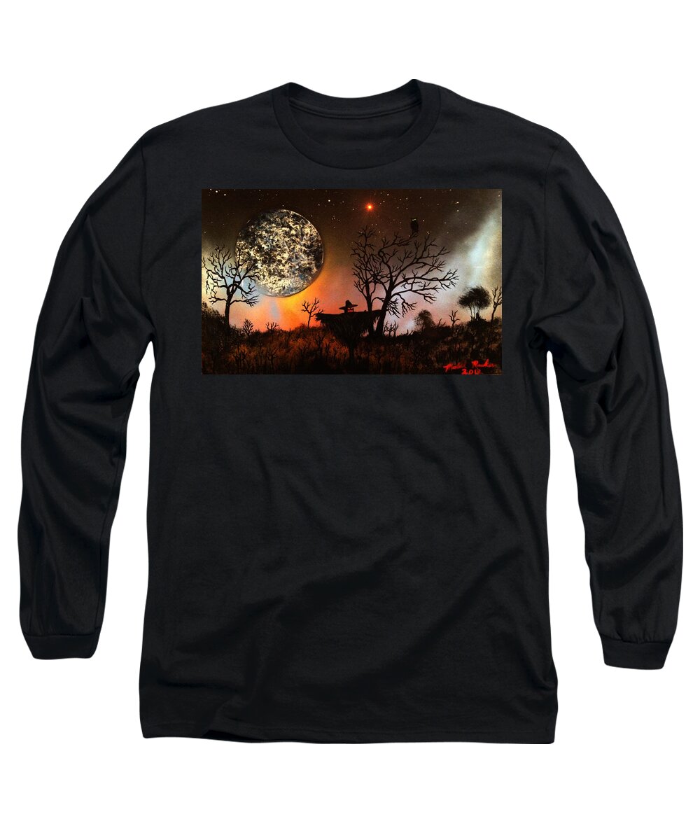 Scarecrow Long Sleeve T-Shirt featuring the painting Night of the Scarecrow by Michael Rucker