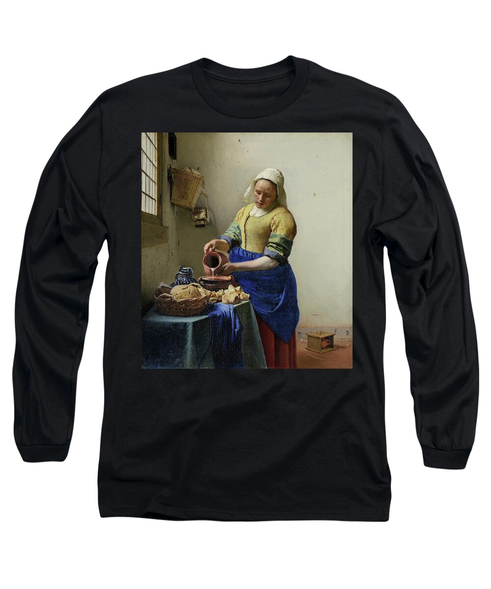 The Milkmaid C. 1658 By Johannes Vermeer Long Sleeve T-Shirt featuring the painting The Milkmaid #11 by Celestial Images