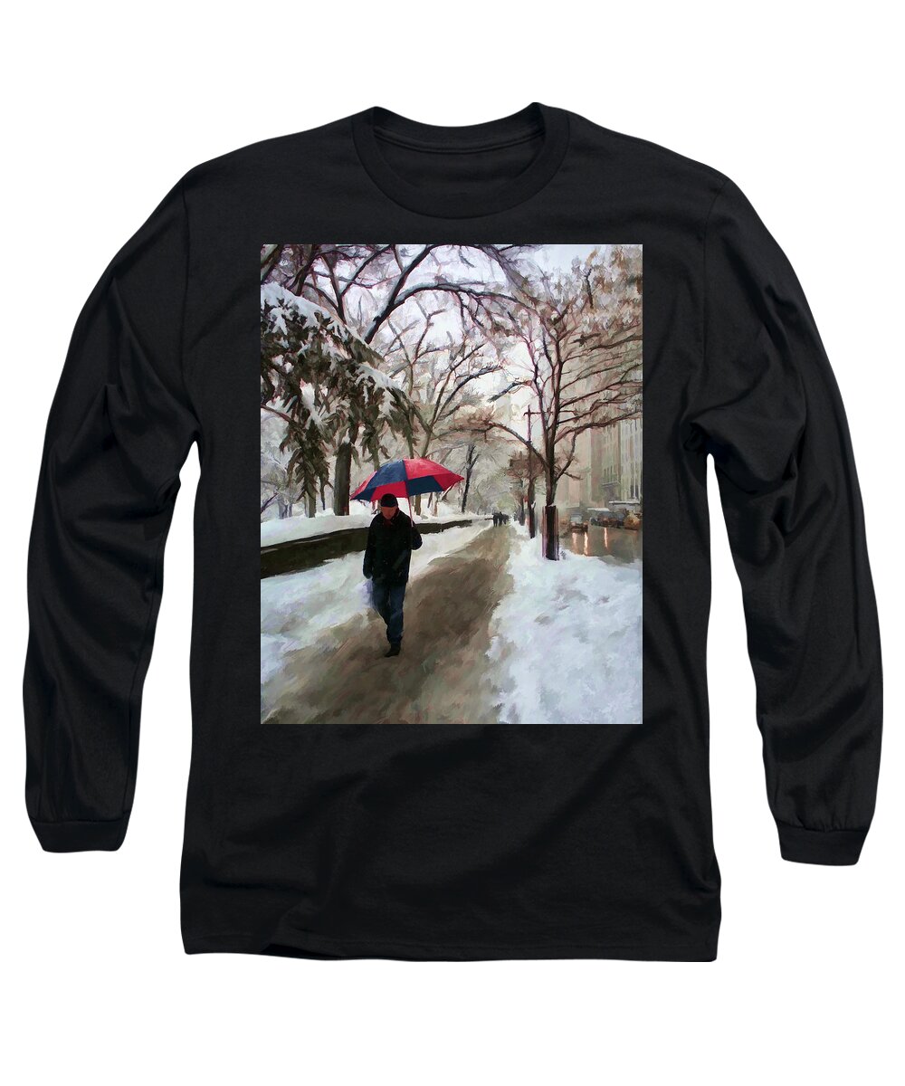 Central Park Long Sleeve T-Shirt featuring the digital art Snowfall in Central Park by Deborah Boyd
