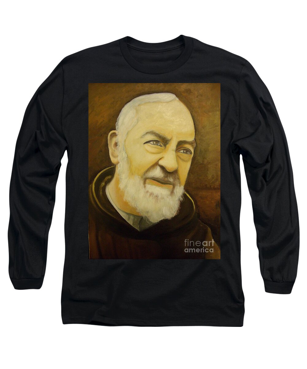 Prayer Long Sleeve T-Shirt featuring the painting Padre Pio #8 by Archangelus Gallery