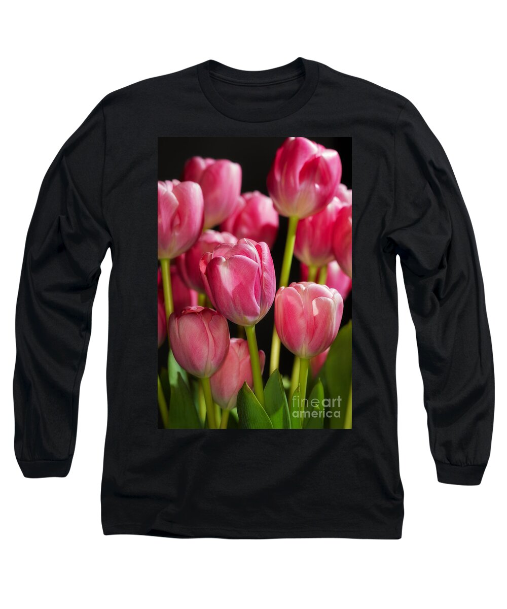 Close-up Long Sleeve T-Shirt featuring the photograph A bouquet of pink tulips by Nick Biemans