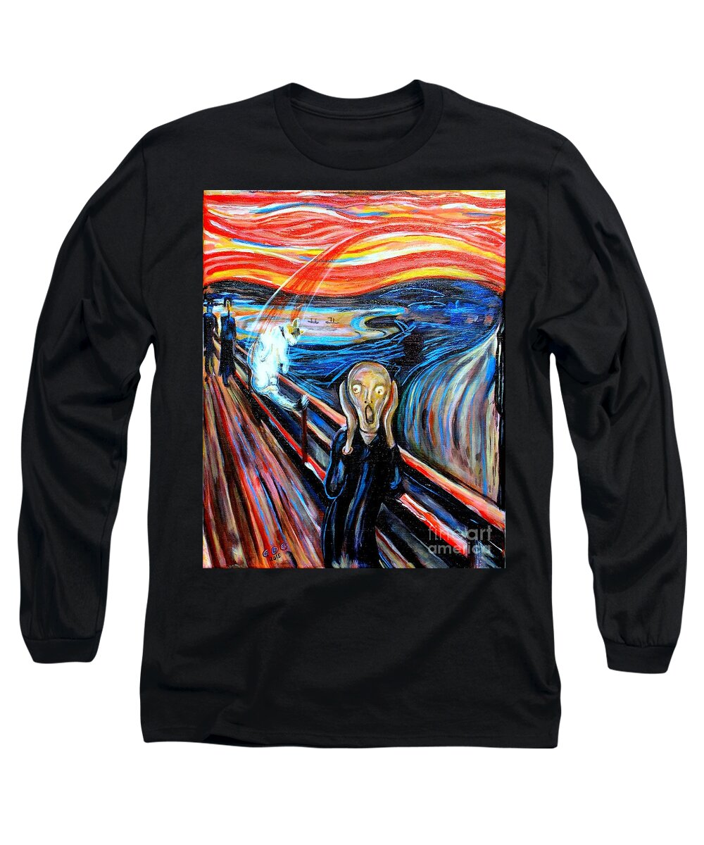 Scream Long Sleeve T-Shirt featuring the painting A Cat for Edvard Munch_ Annie Passing Through by George I Perez