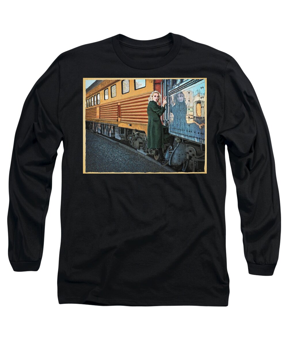 Departure Train Travel Reflection Stipple Long Sleeve T-Shirt featuring the drawing A Departure by Meg Shearer