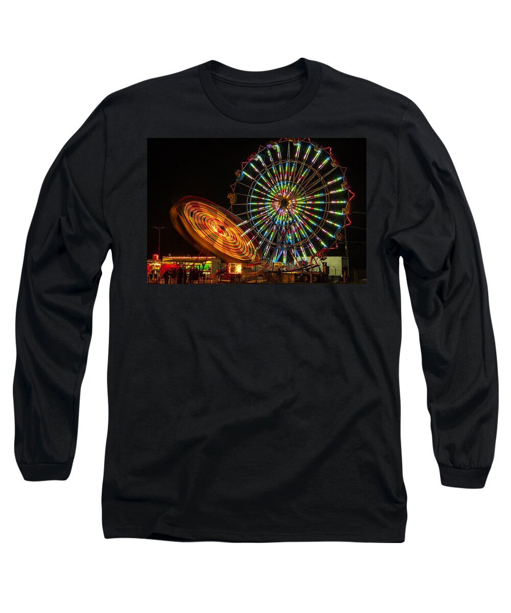 Colorful Carnival Ferris Wheel Ride At Night Prints Long Sleeve T-Shirt featuring the photograph Colorful Carnival Ferris Wheel Ride at Night by Jerry Cowart