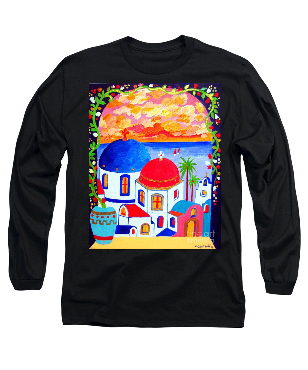 Santorini Long Sleeve T-Shirt featuring the painting A Window over Santorini by Roberto Gagliardi