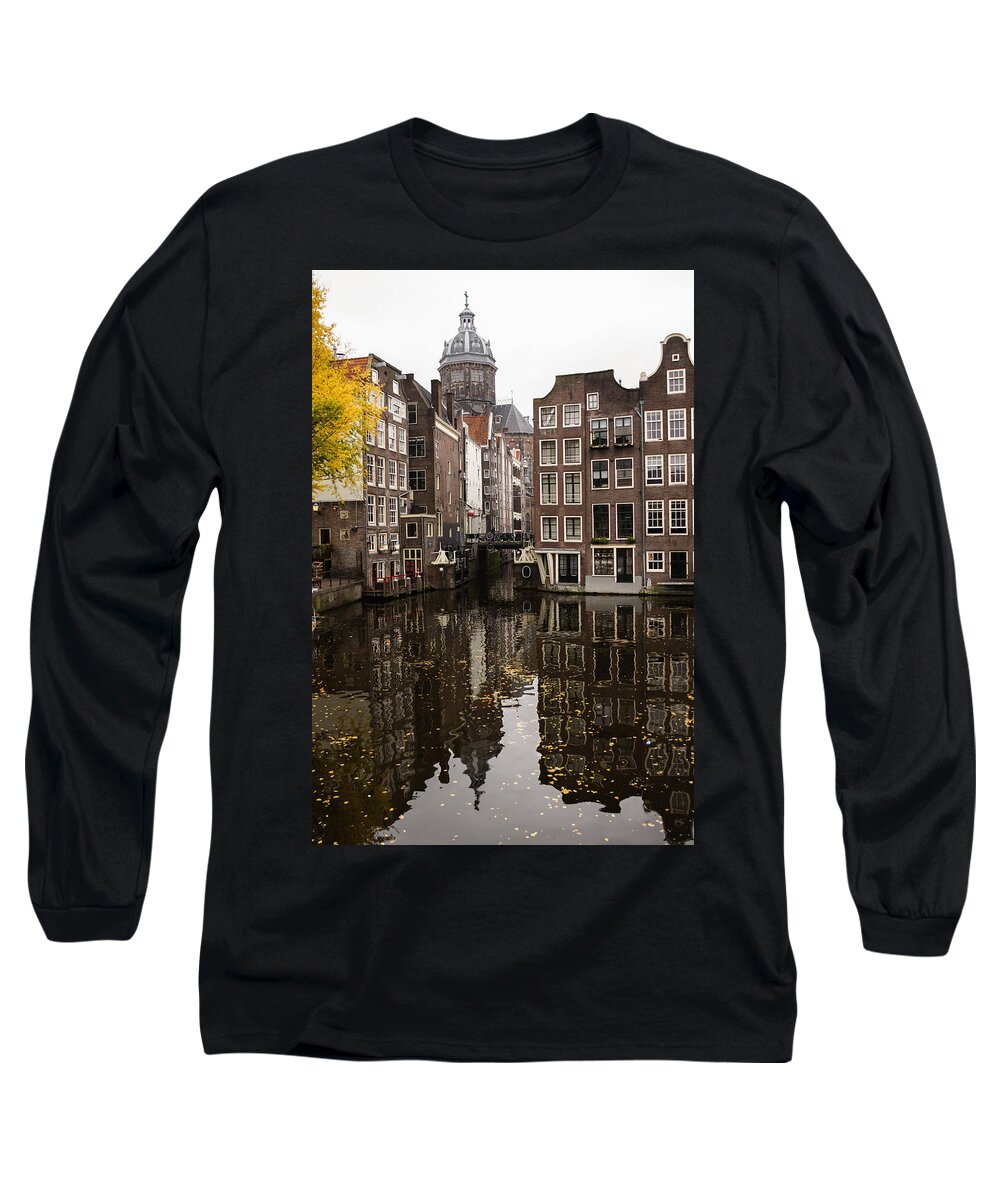 Amsterdam Long Sleeve T-Shirt featuring the photograph Amsterdam - Reflecting on Autumnal Canal Houses by Georgia Mizuleva