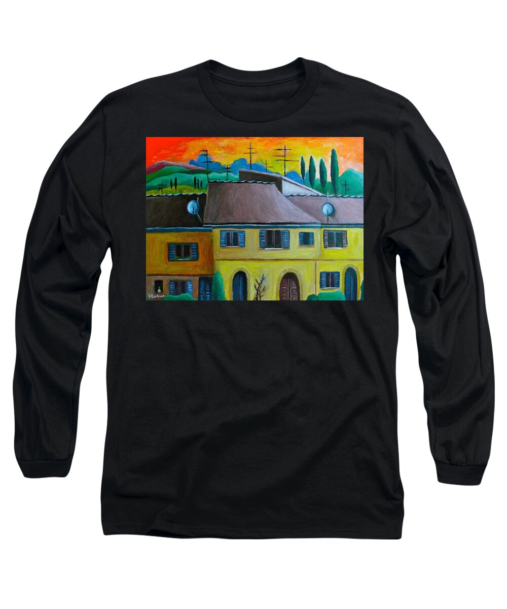 Volterra Long Sleeve T-Shirt featuring the painting Ancient Volterra Wired by Victoria Lakes