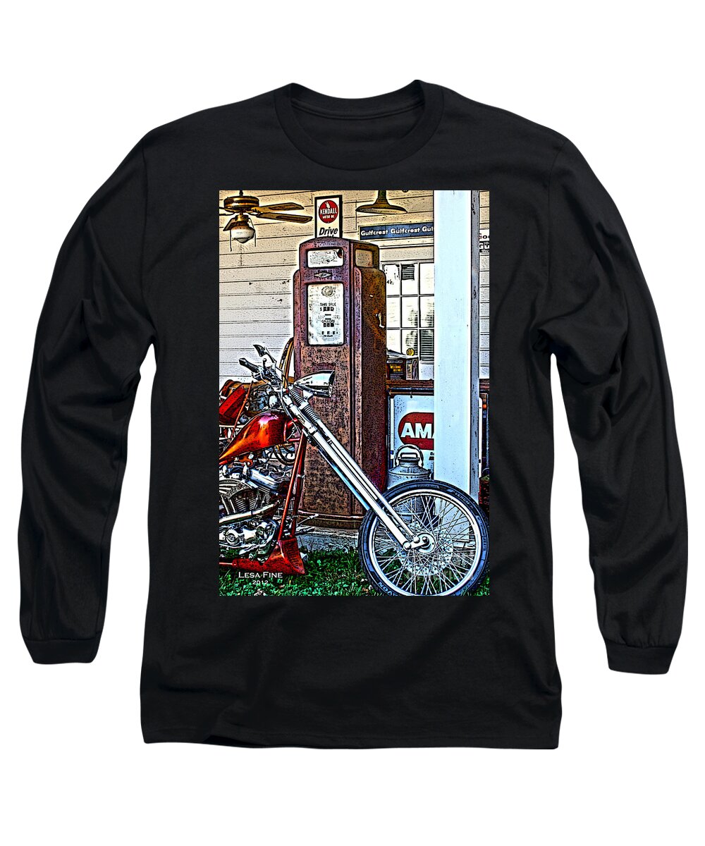 Chopper; Vehicle Long Sleeve T-Shirt featuring the photograph Aztec and the Gas Pump by Lesa Fine