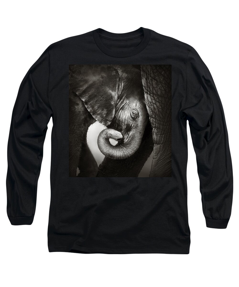 Elephant Long Sleeve T-Shirt featuring the photograph Baby elephant seeking comfort by Johan Swanepoel