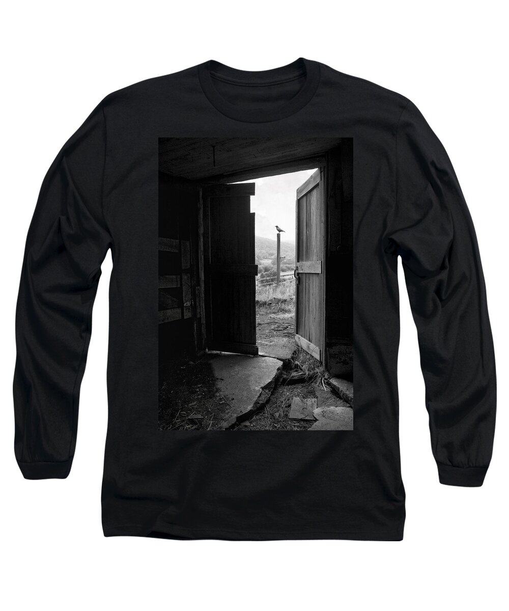Black And White Long Sleeve T-Shirt featuring the photograph Barn Door - View from within - Old barn picture by Gary Heller