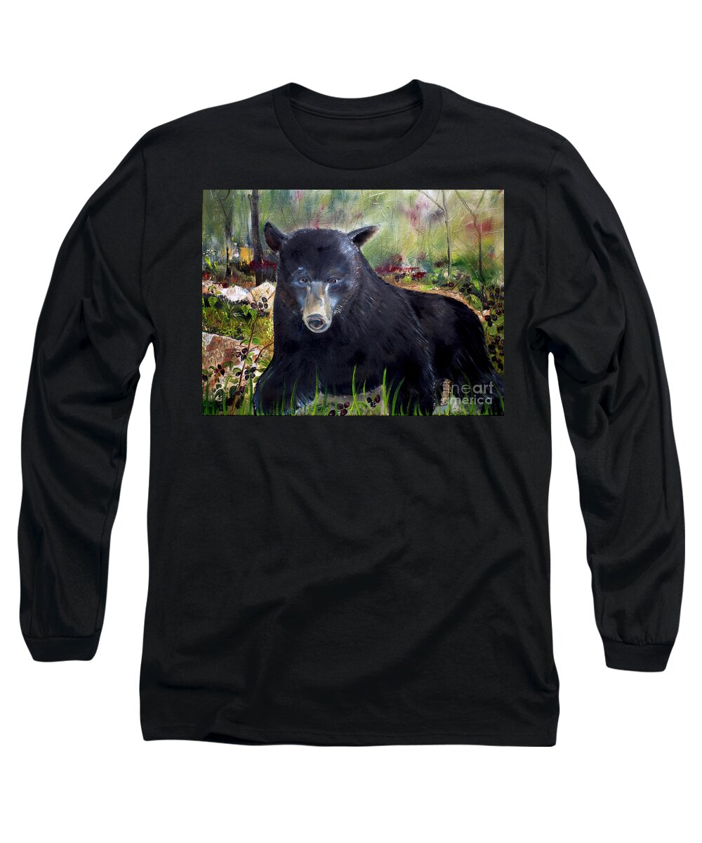 Black Bear In Blackberry Patch Long Sleeve T-Shirt featuring the painting Bear Painting - Blackberry Patch - Wildlife by Jan Dappen
