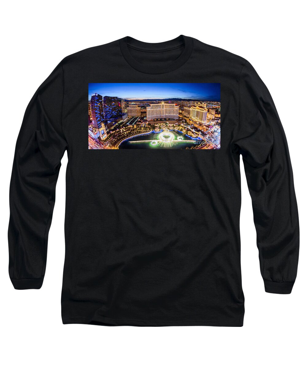 Bellagio Long Sleeve T-Shirt featuring the photograph Bellagio Rountains From Eiffel Tower at Dusk by Aloha Art
