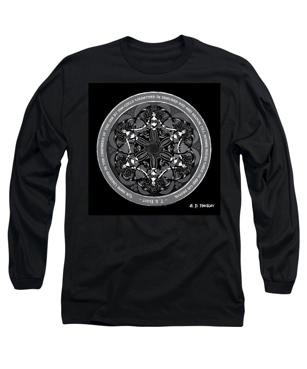 Gothic Art Long Sleeve T-Shirt featuring the digital art Black and White Gothic Celtic Mermaids by Celtic Artist Angela Dawn MacKay
