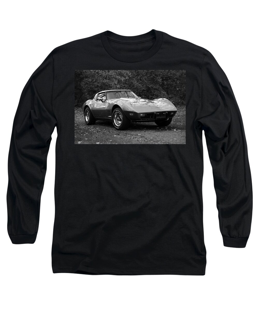 Black And White Gray Corvette Long Sleeve T-Shirt featuring the photograph Black and White Gray Corvette by PJQandFriends Photography