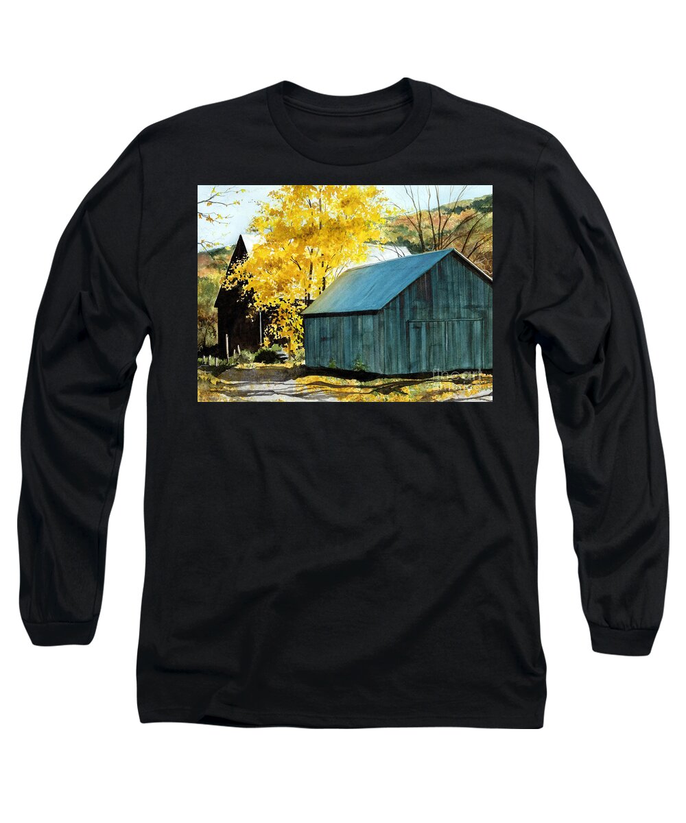 Blue Barn Long Sleeve T-Shirt featuring the painting Blue Barn by Barbara Jewell