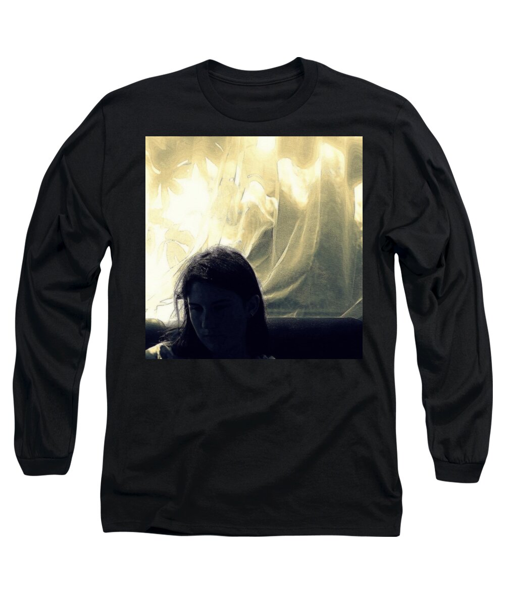 Girl Long Sleeve T-Shirt featuring the photograph Blue Girl with Curtain by Marysue Ryan