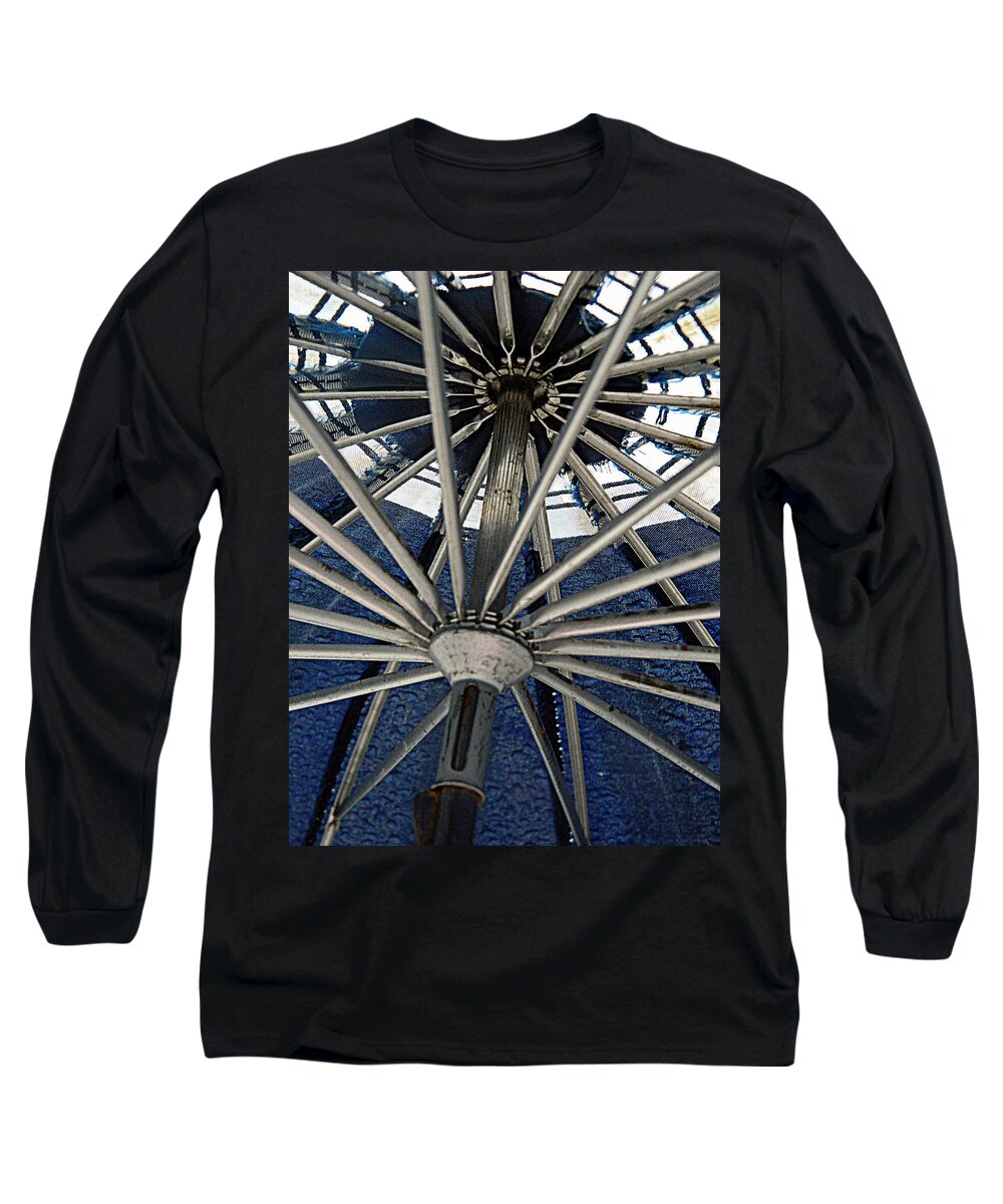 Umbrella Long Sleeve T-Shirt featuring the photograph Blue Umbrella Underpinnings by Kathy Barney