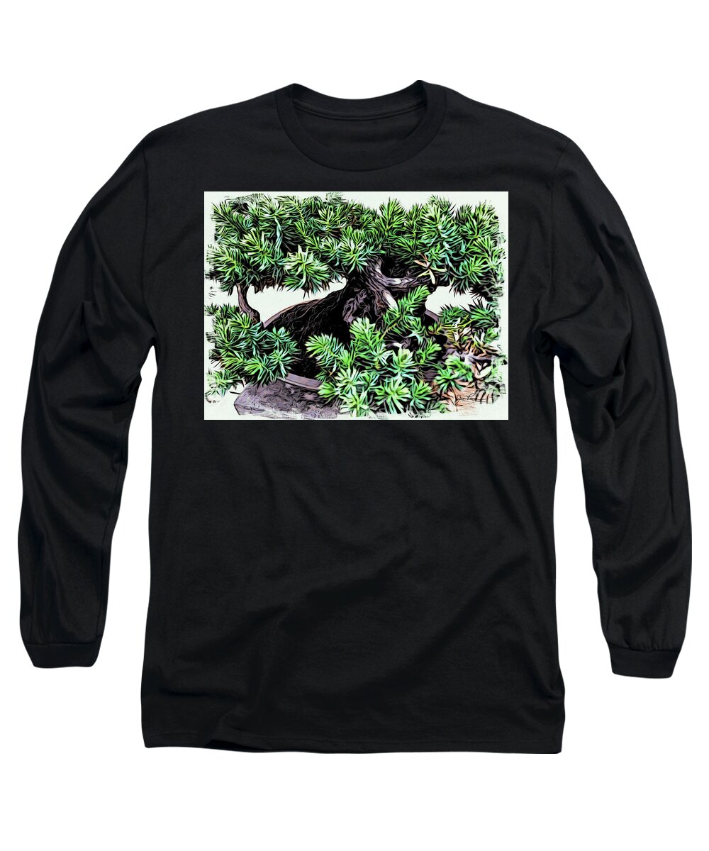 Pine Bonsai Tree Long Sleeve T-Shirt featuring the painting Bonsai Pine Tree by Joan Reese