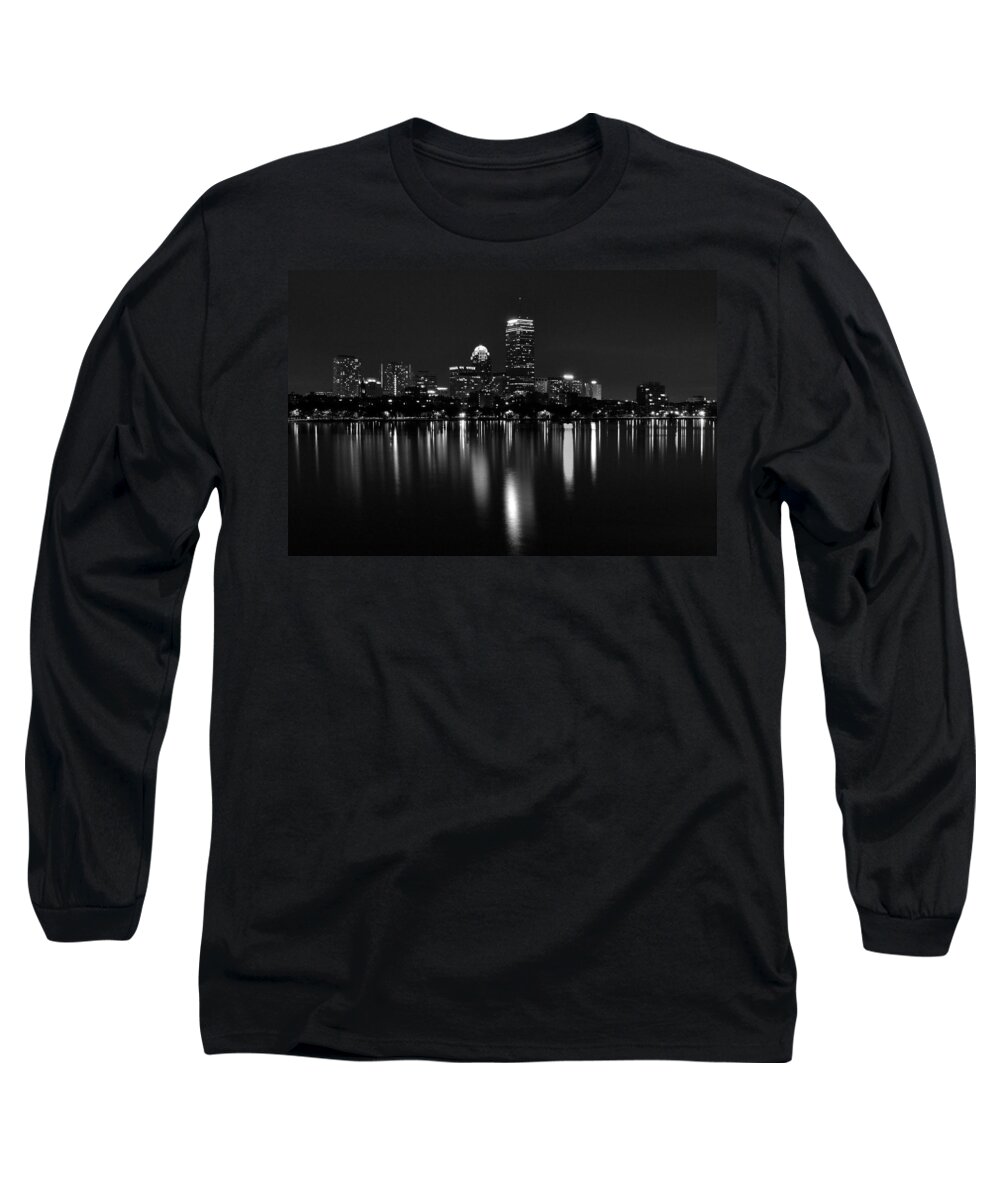 Boston Long Sleeve T-Shirt featuring the photograph Boston Skyline by Night - Black and White by Jatin Thakkar