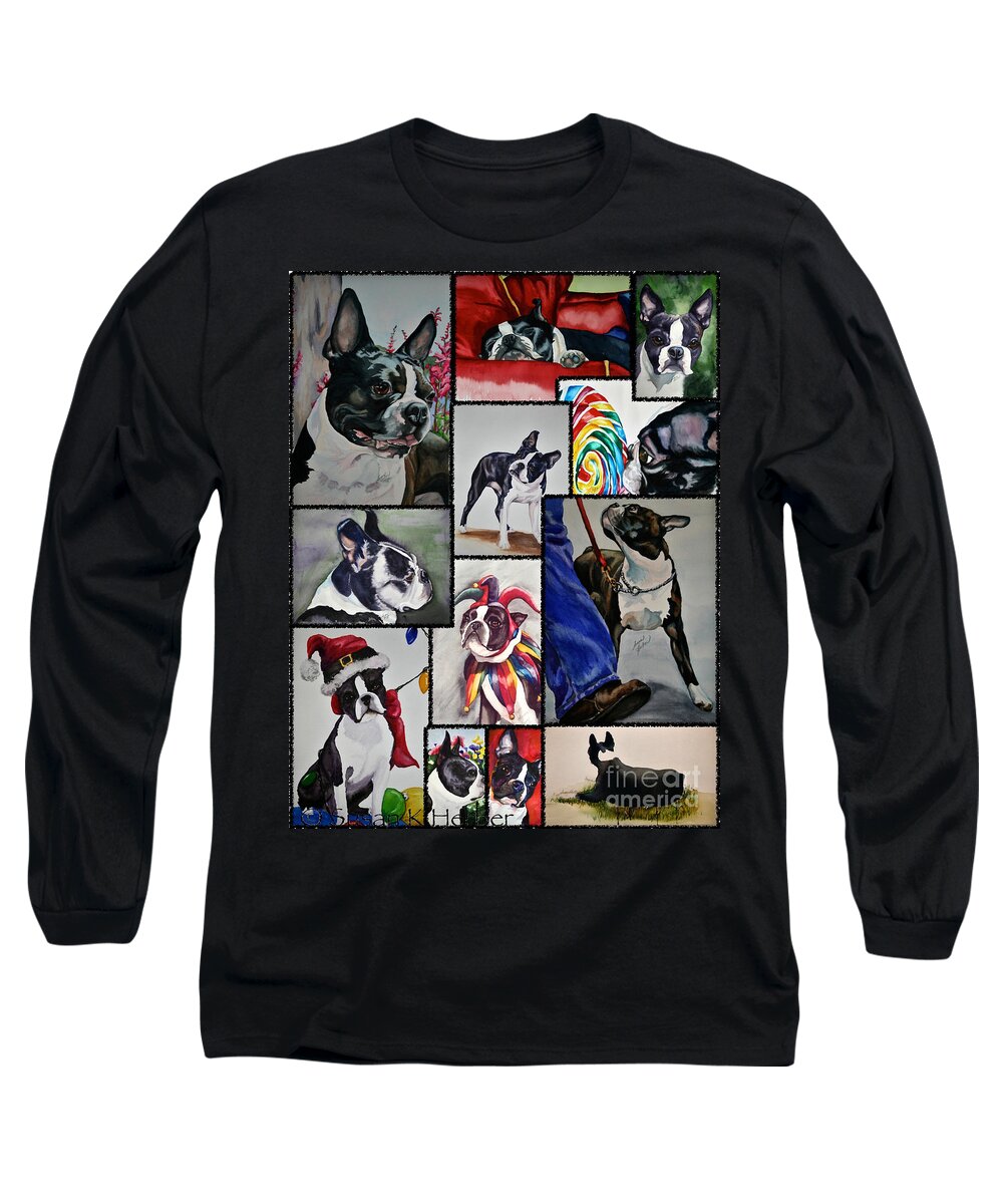 Animal Long Sleeve T-Shirt featuring the painting Boston Terrier Watercolor Collage by Susan Herber
