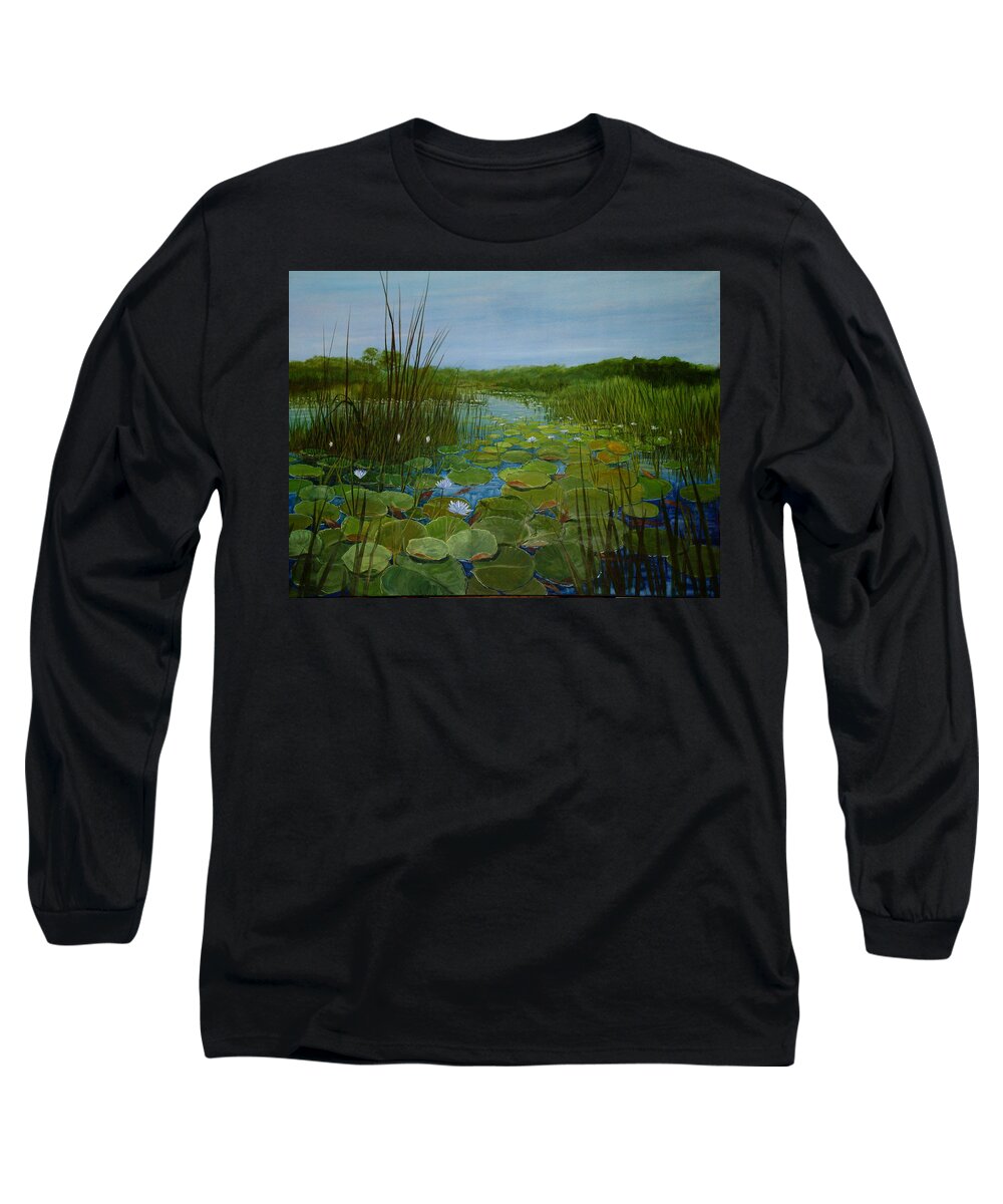 South Africa Long Sleeve T-Shirt featuring the painting Botswana Lagoon by Maryann Boysen