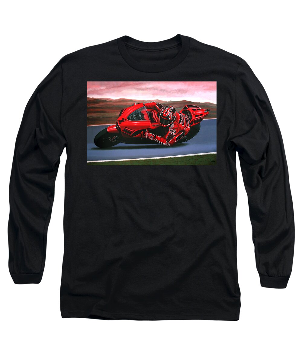Casey Stoner On Ducati Long Sleeve T-Shirt featuring the painting Casey Stoner on Ducati by Paul Meijering