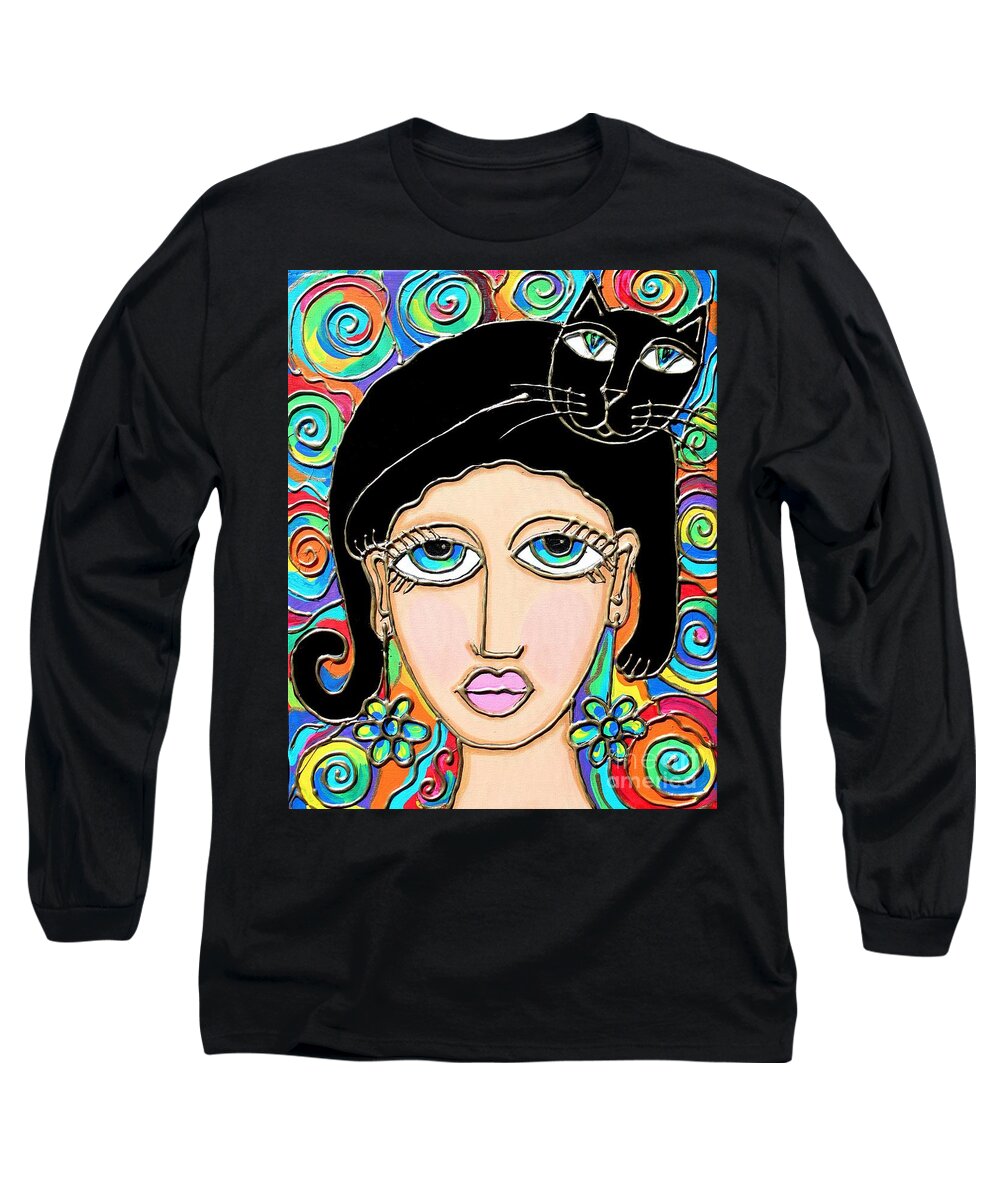 Cat Long Sleeve T-Shirt featuring the painting Cat Lady with Black Hair by Cynthia Snyder