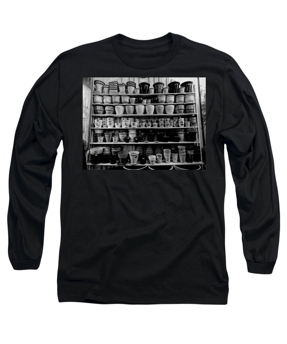  Long Sleeve T-Shirt featuring the photograph Ceramic Pots for Sale BW by Cathy Anderson
