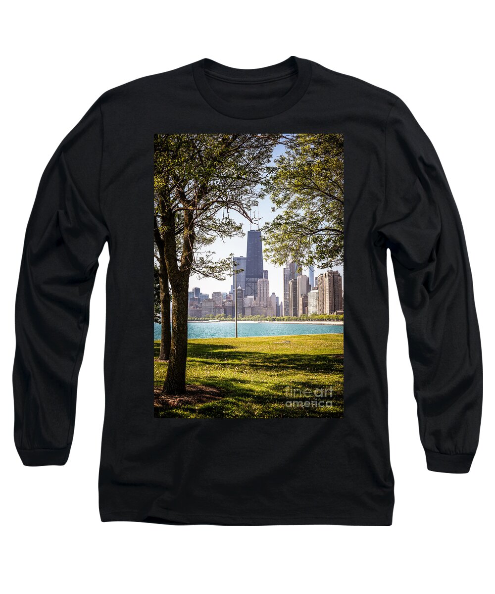 America Long Sleeve T-Shirt featuring the photograph Chicago Skyline and Hancock Building Through Trees by Paul Velgos