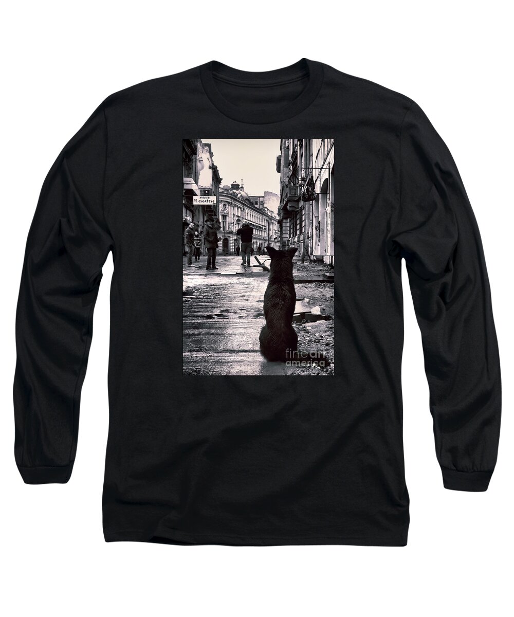 City Streets Waiting Dog Vintage Bucharest Old Town Street Canvas Long Sleeve T-Shirt featuring the photograph City streets and The Theory of Waiting by Daliana Pacuraru