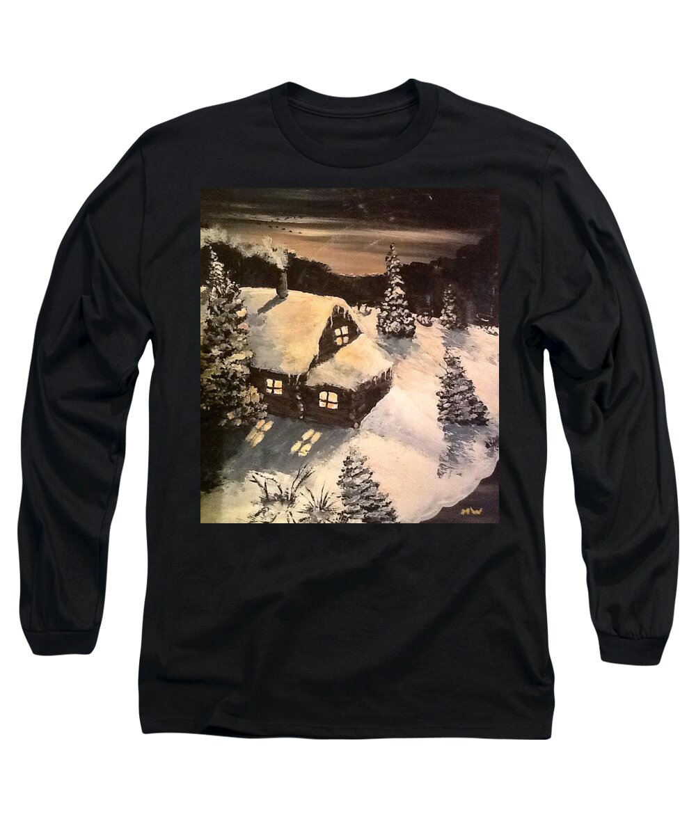 Winter Long Sleeve T-Shirt featuring the painting Cozy cabin by Megan Walsh