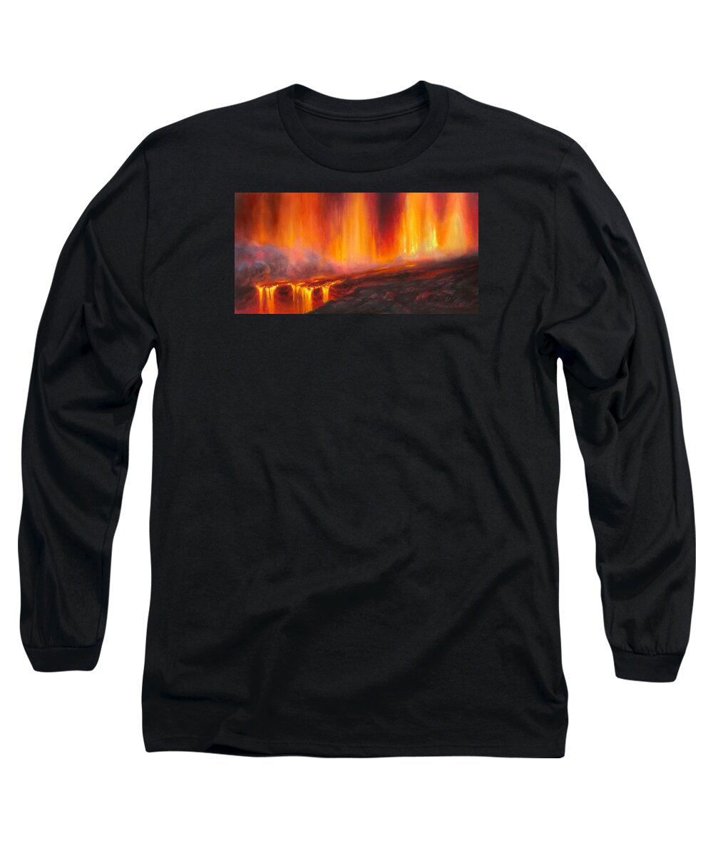 Hot Lava Long Sleeve T-Shirt featuring the painting Erupting Kilauea Volcano on the Big Island of Hawaii - Lava Curtain by K Whitworth
