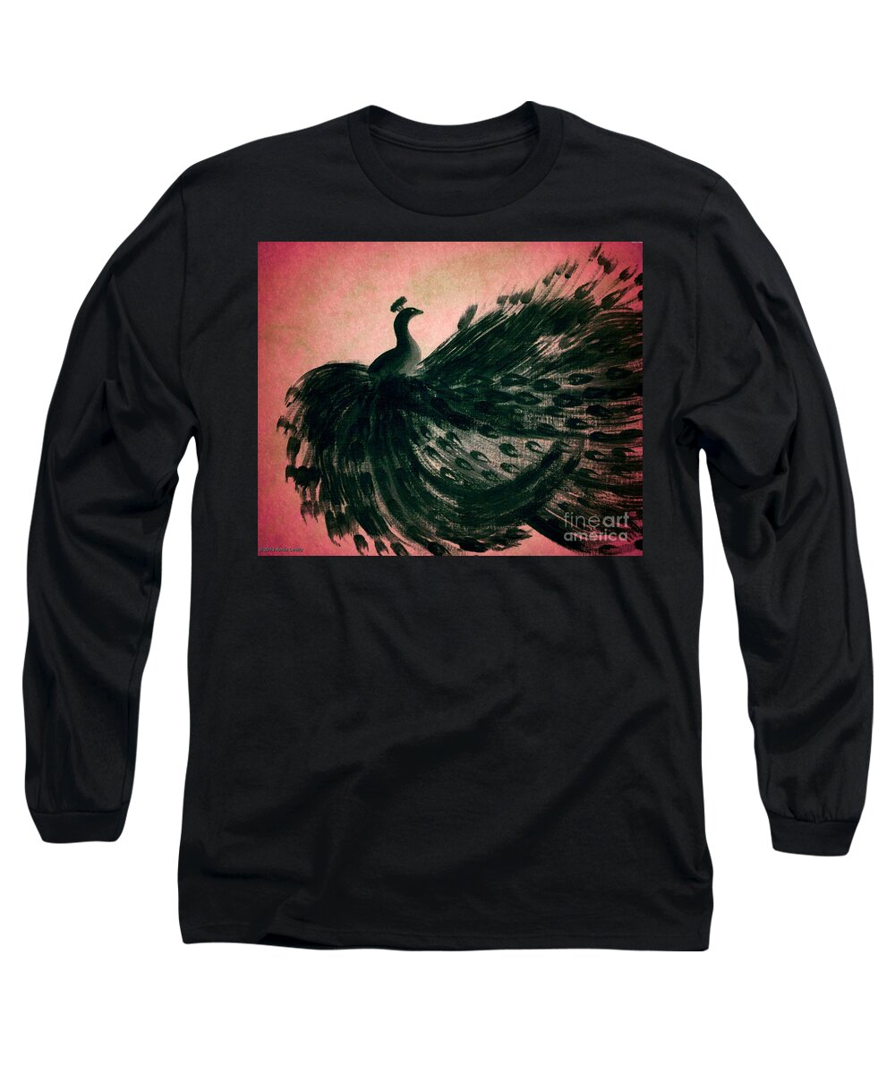 Black Long Sleeve T-Shirt featuring the digital art DANCING PEACOCK pink by Anita Lewis