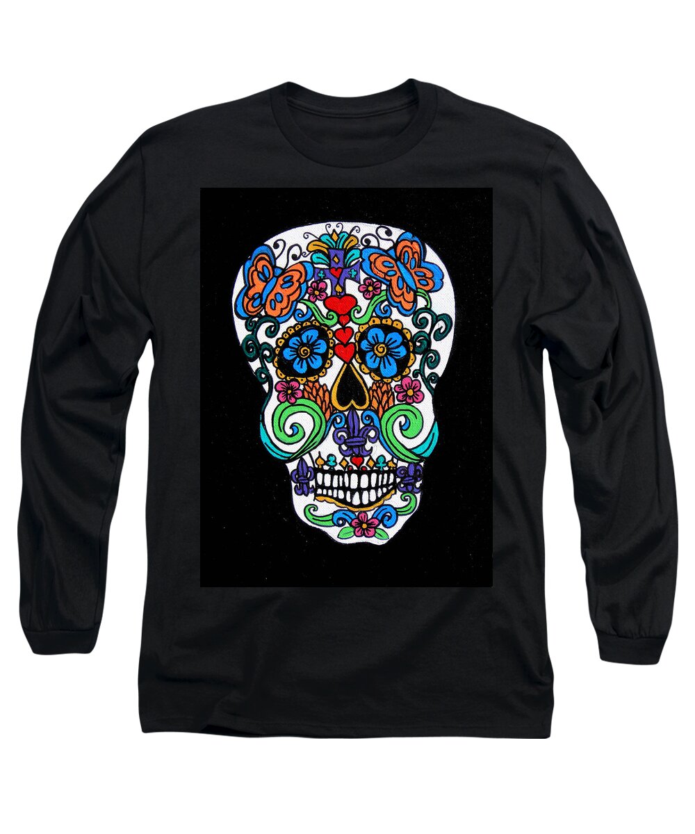 Skull Long Sleeve T-Shirt featuring the painting Day Of The Dead Skull by Genevieve Esson