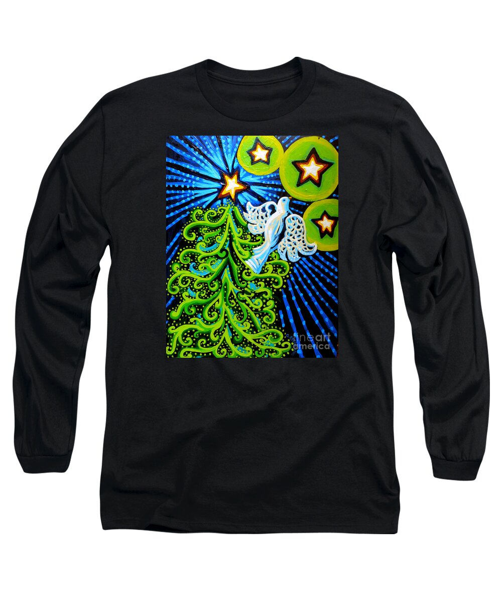 Dove And Christmas Tree Long Sleeve T-Shirt featuring the painting Dove and Christmas Tree by Genevieve Esson