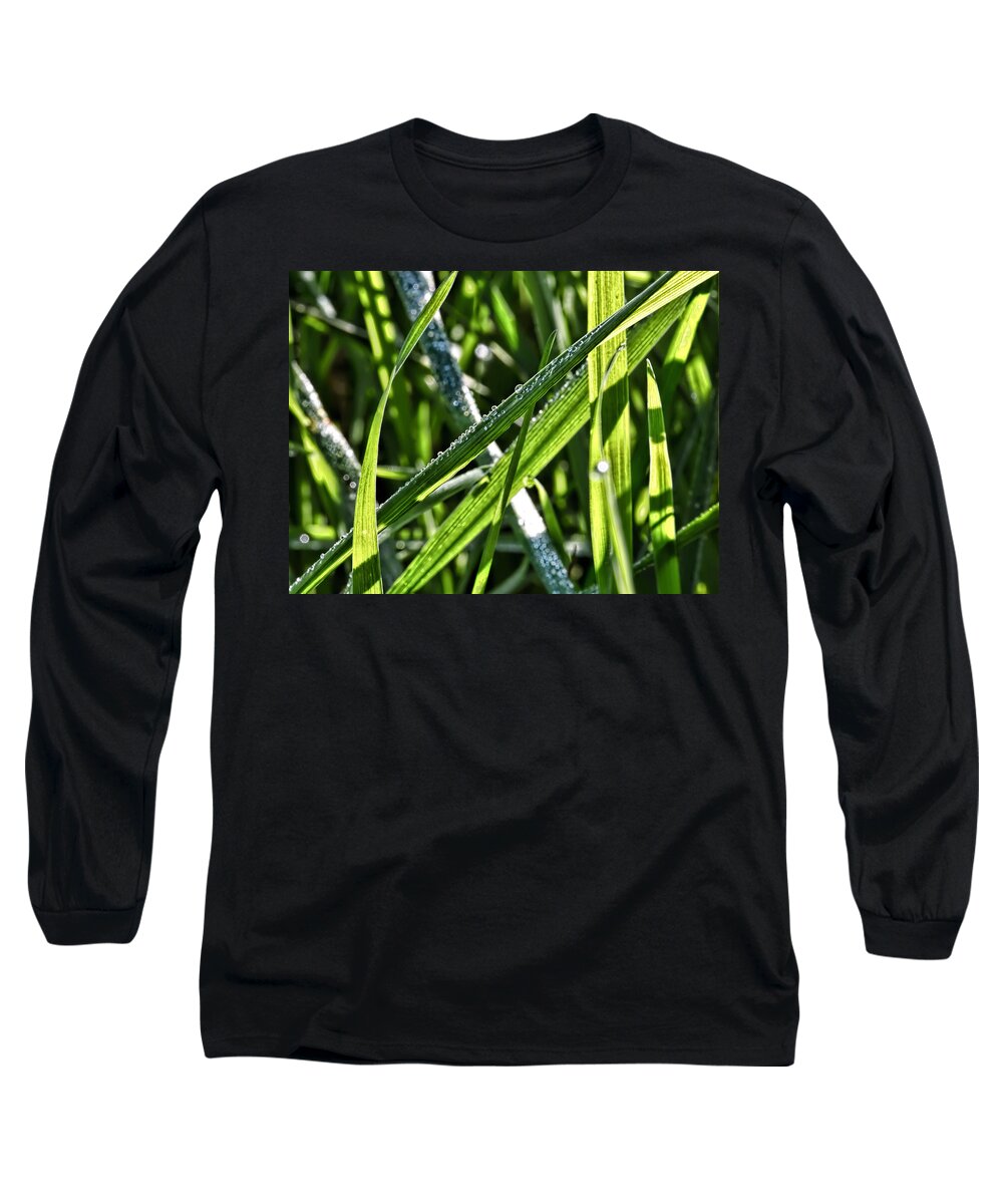 Droplets Long Sleeve T-Shirt featuring the photograph Droplets on the green-Drplets on green leafs of seagrass in sunlight by Leif Sohlman